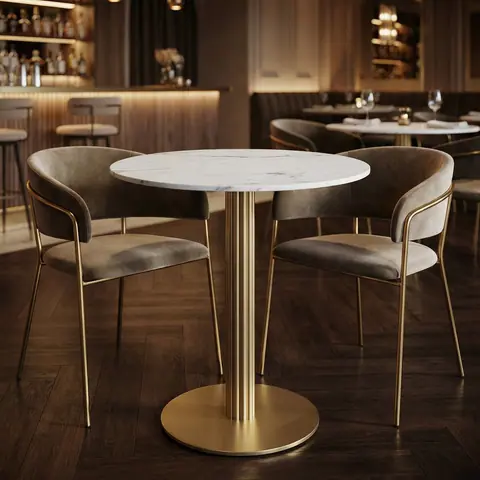 Table bistrot japandi ronde Luciano en marbre blanc, pied doré