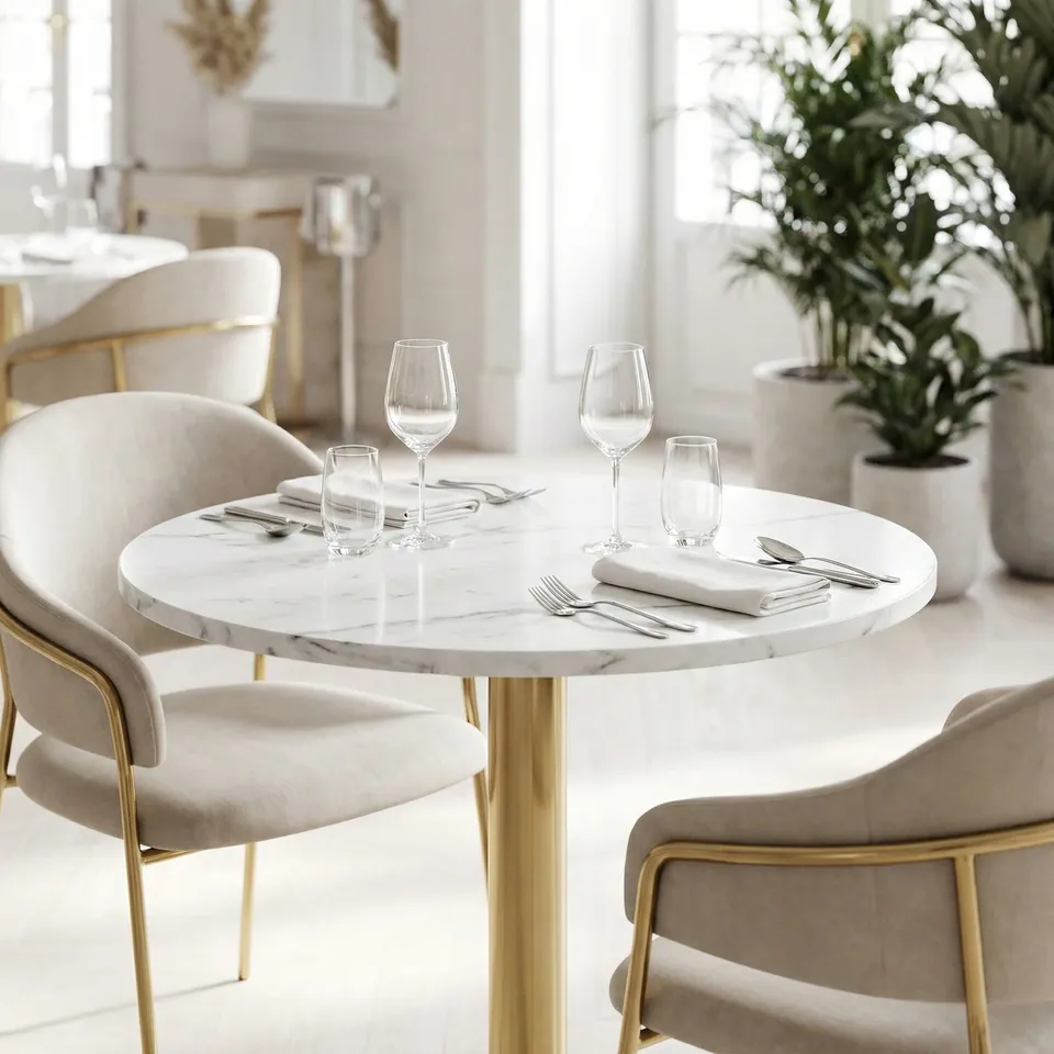 Table bistrot japandi ronde Luciano en marbre blanc, pied doré, vue 2