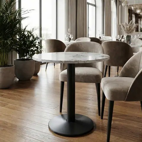 Table bistrot japandi ronde Luciano en marbre gris, piètement noir