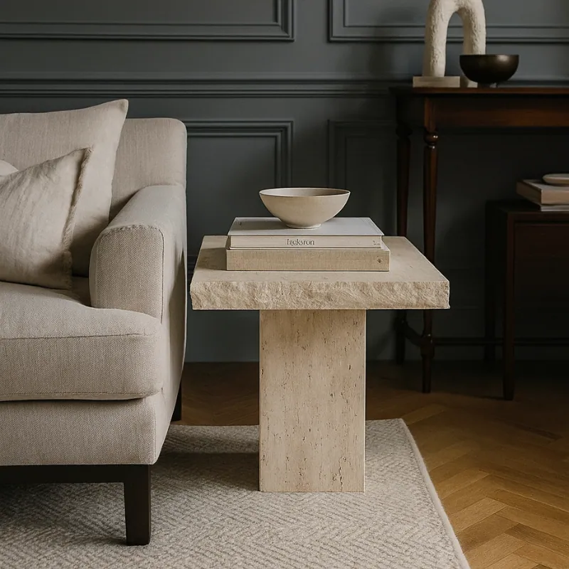 Table d’appoint japandi Ulf carrée en travertin brut, travertin