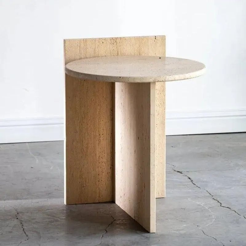 Table de chevet japandi Lind ronde en travertin, vue 3