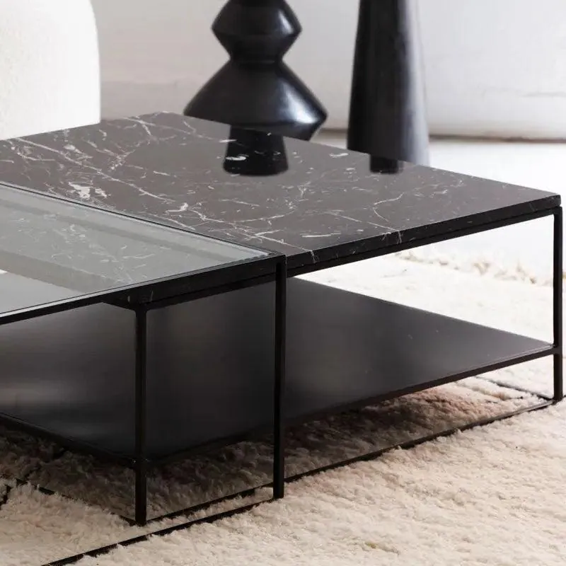 Tables basses gigognes japandi carrées Nuaji en marbre noir et verre, vue 2