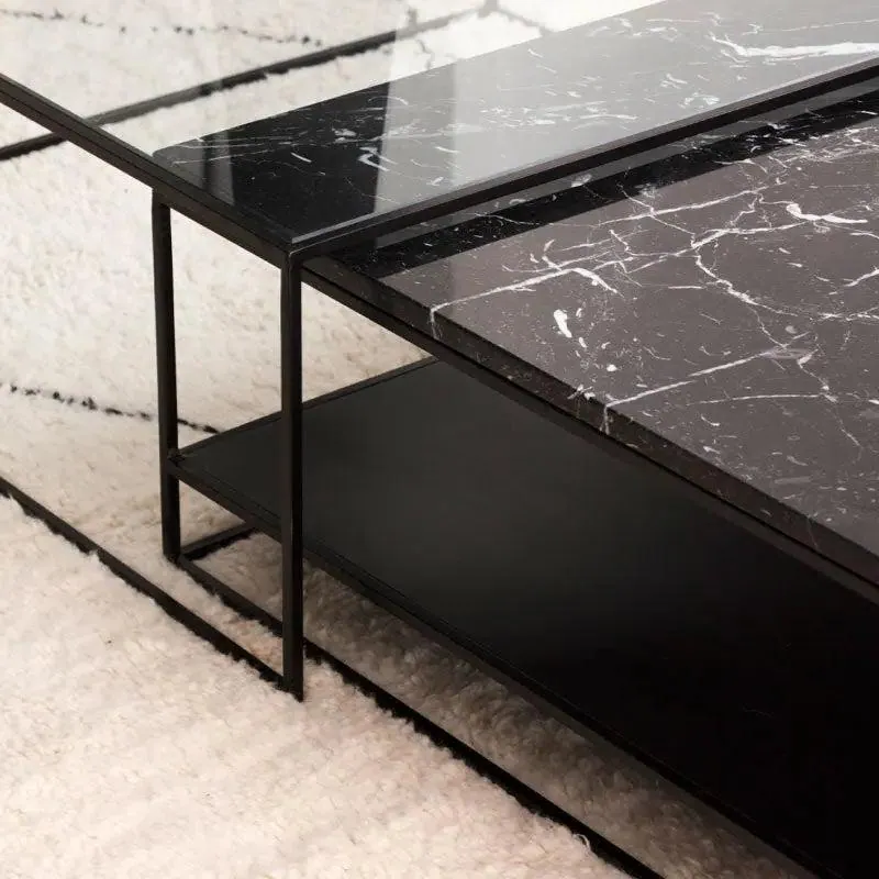 Tables basses gigognes japandi carrées Nuaji en marbre noir et verre, vue 3