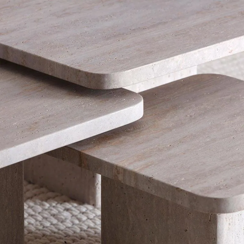 Tables basses gigognes japandi Fjell, trio en travertin, vue 4