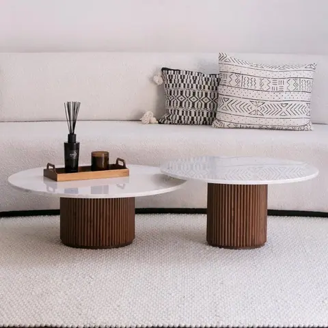 Tables basses gigognes japandi Fuu en marbre blanc et bois strié