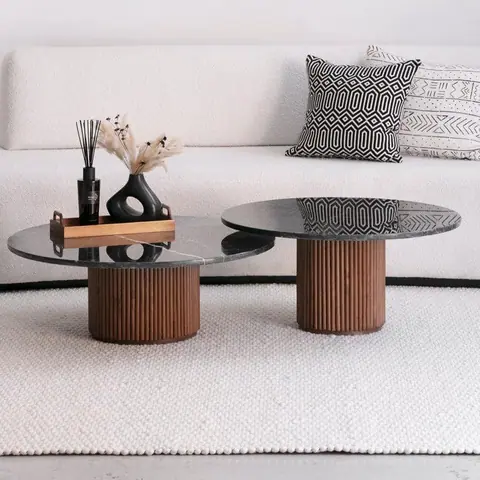 Tables basses gigognes japandi Fuu en marbre noir et bois strié