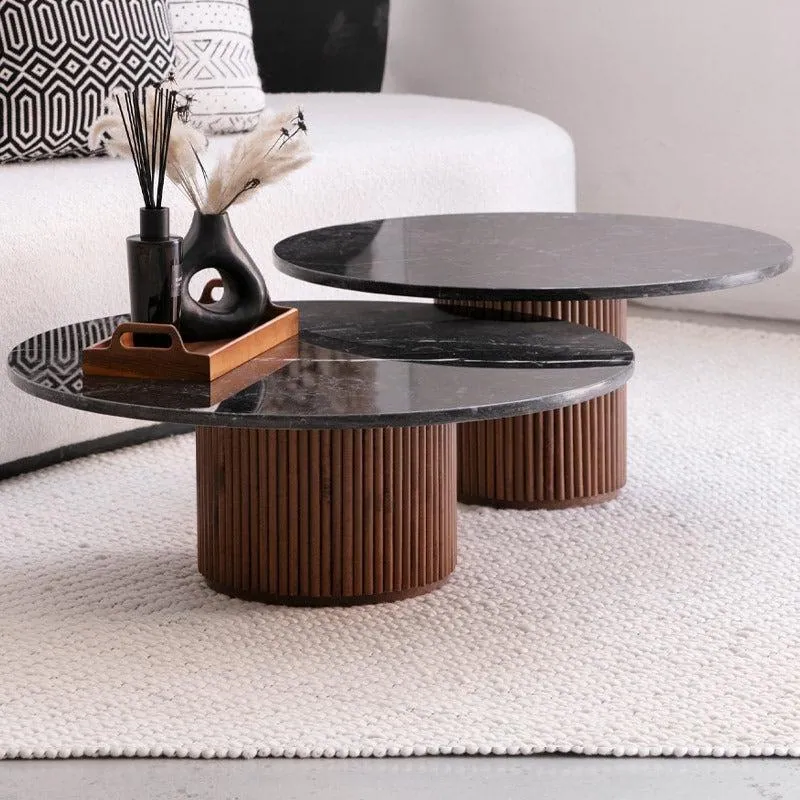 Tables basses gigognes japandi Fuu en marbre noir et bois strié, vue 4