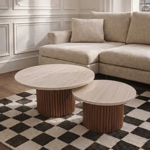Tables basses gigognes japandi Fuyu en travertin et bois massif