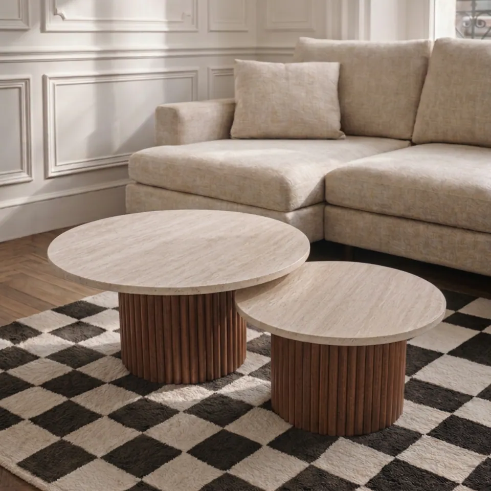 Tables basses gigognes japandi Fuyu en travertin et bois massif