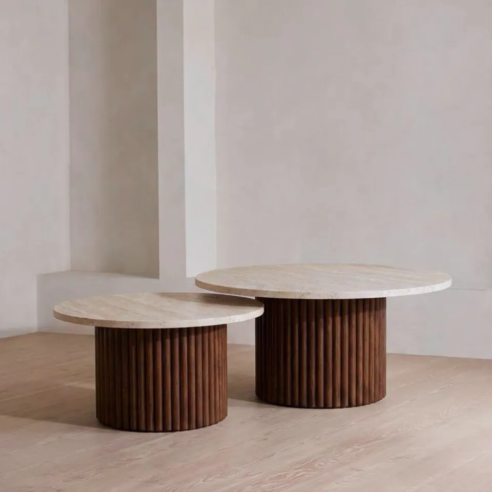 Tables basses gigognes japandi Fuyu en travertin et bois massif, vue 2