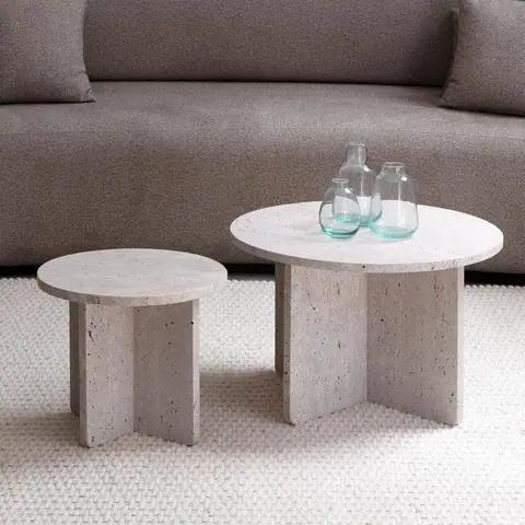 Tables basses gigognes japandi Nagi en travertin, piètement en croix