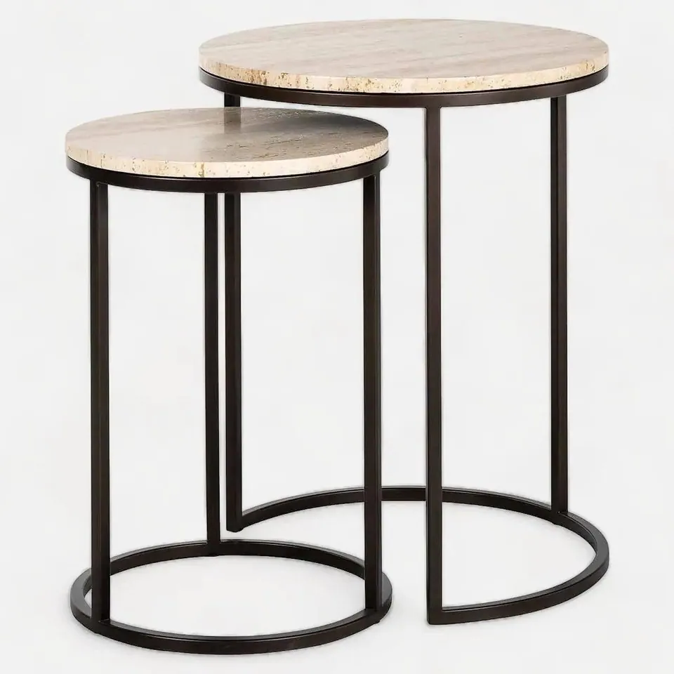 Tables d’appoint gigognes japandi Shimo en travertin et métal noir, vue 2