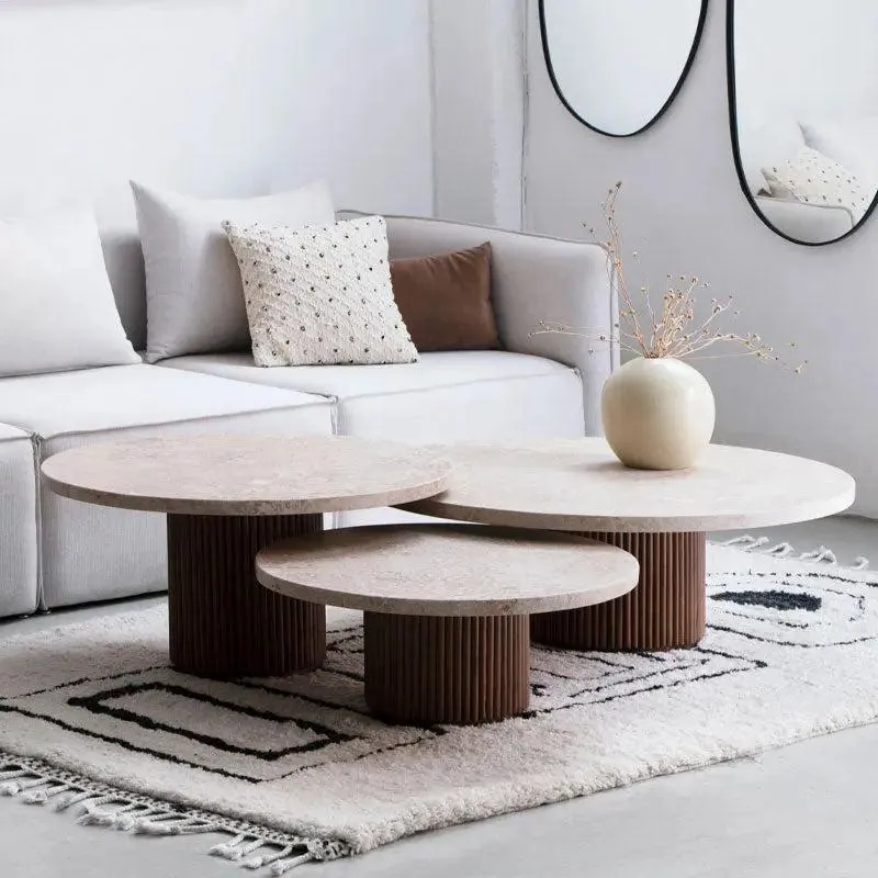 Trio de tables basses japandi Ma, travertin et bois, travertin