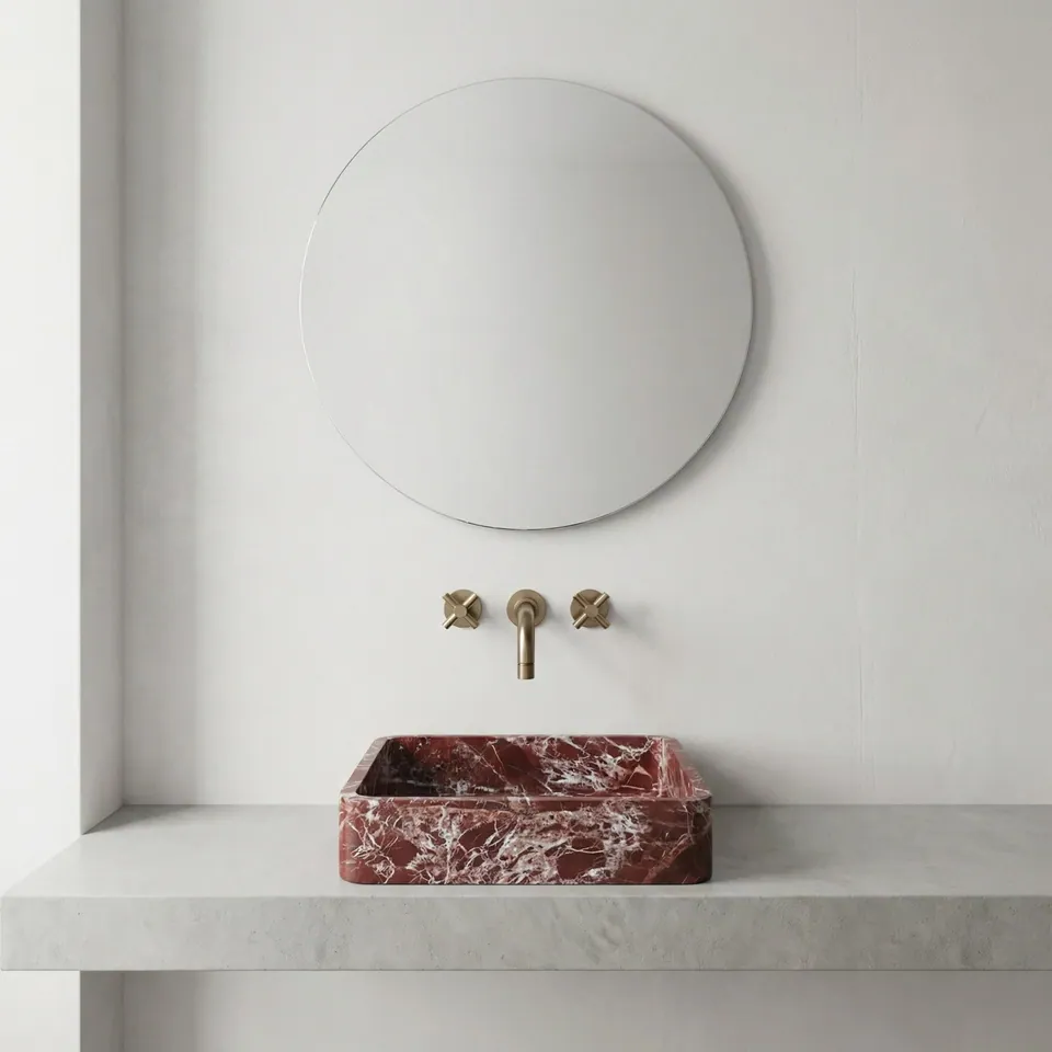 Vasque rectangulaire japandi Porpora en marbre Rosso Levanto