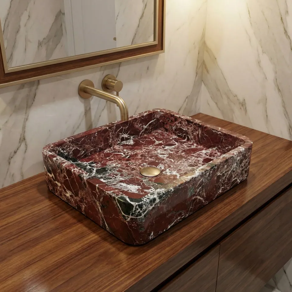 Vasque rectangulaire japandi Porpora en marbre Rosso Levanto, vue 2