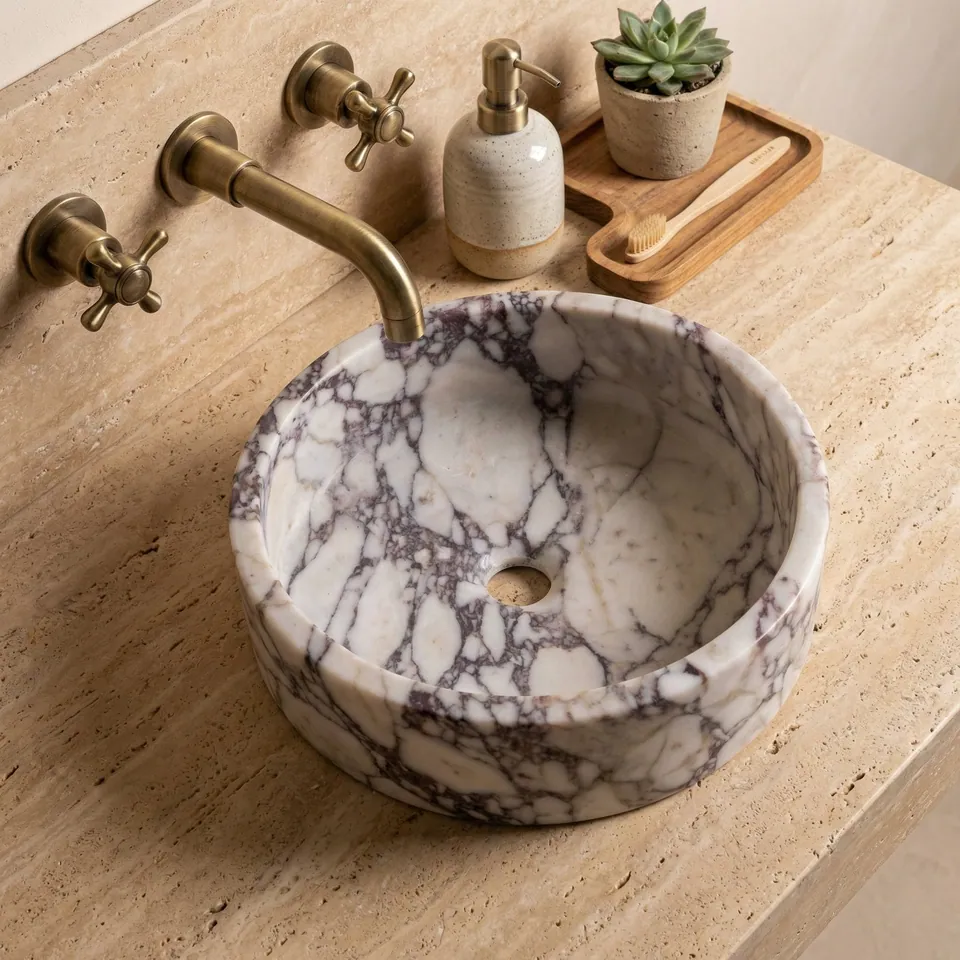 Vasque ronde japandi Corchia en marbre Arabescato, Ø40 cm, vue 3