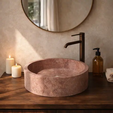 Vasque ronde japandi Rosa en travertin rosé, Ø40 cm