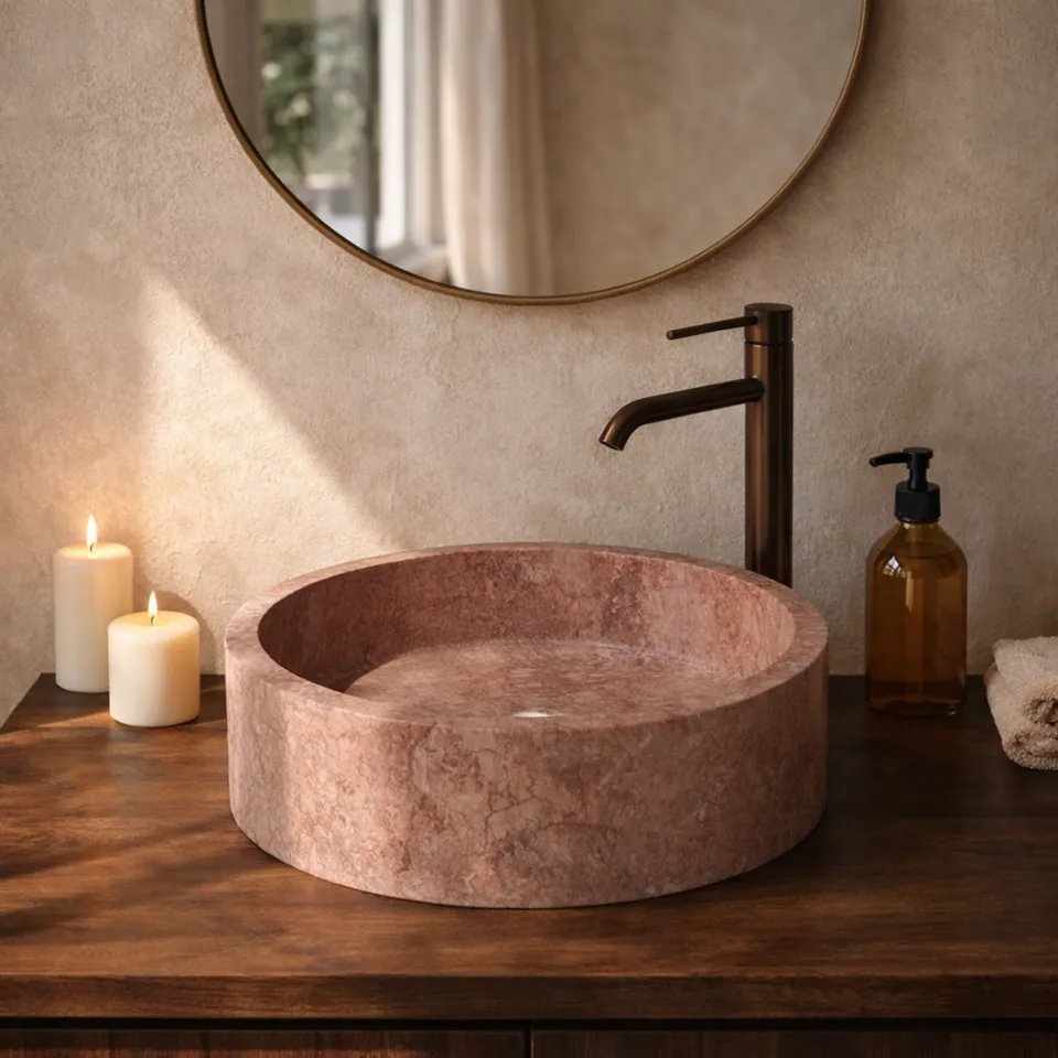 Vasque ronde japandi Rosa en travertin rosé, Ø40 cm