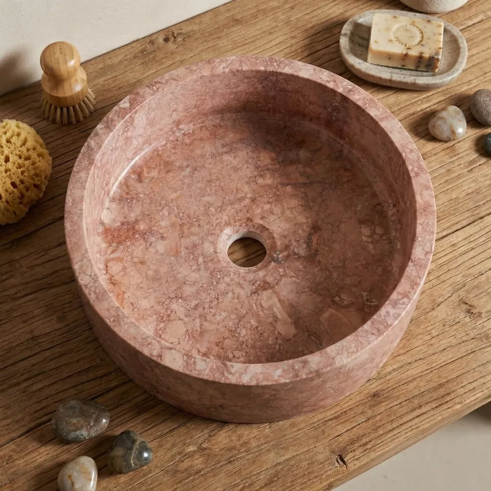 Vasque ronde japandi Rosa en travertin rosé, Ø40 cm, vue 2