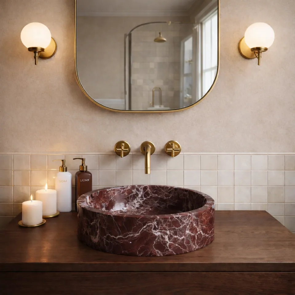Vasque ronde japandi Rubra en marbre rouge Rosso Levanto, Ø40 cm