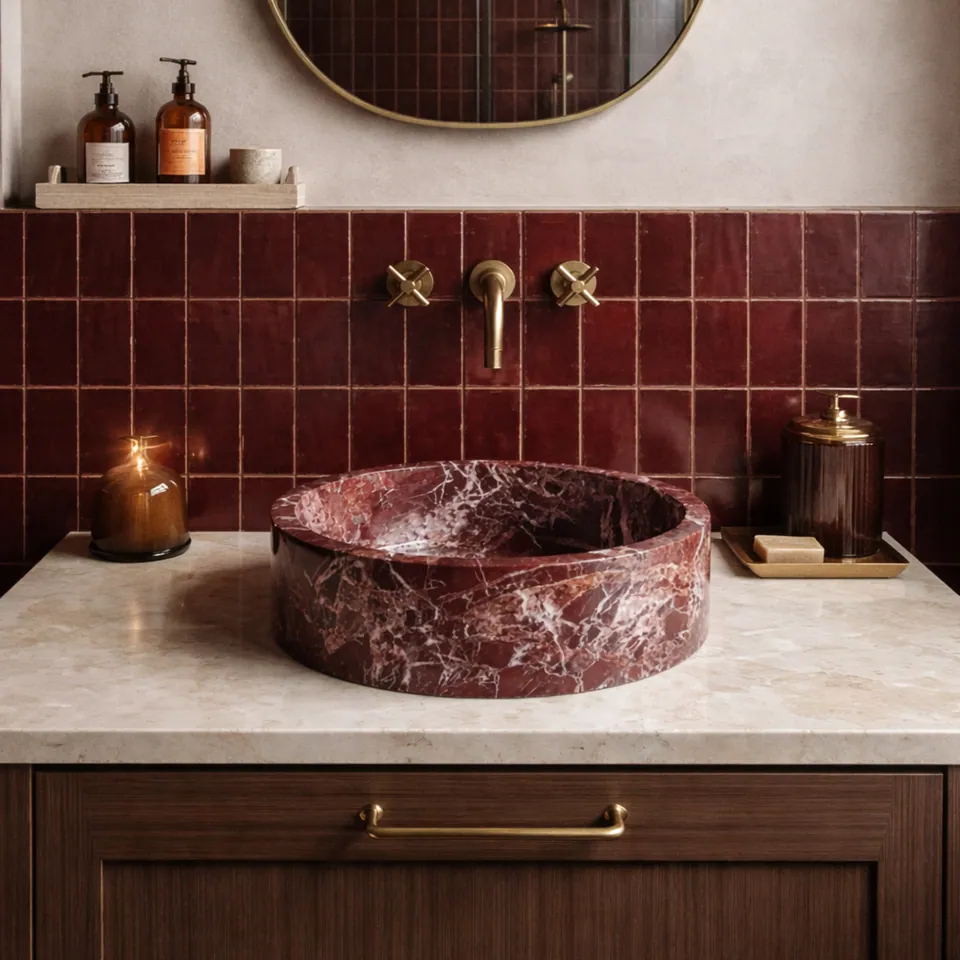 Vasque ronde japandi Rubra en marbre rouge Rosso Levanto, Ø40 cm, vue 2