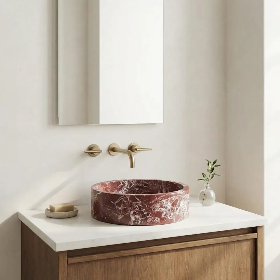 Vasque ronde japandi Rubra en marbre rouge Rosso Levanto, Ø40 cm, vue 3