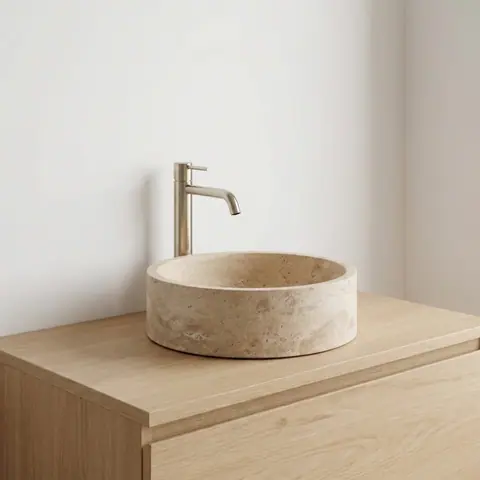 Vasque ronde japandi Seta en travertin beige, Ø40 cm