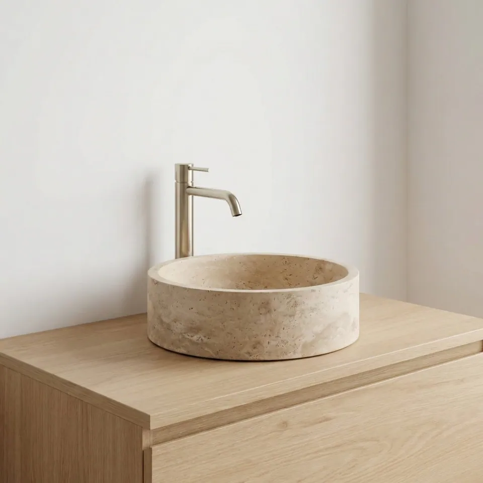 Vasque ronde japandi Seta en travertin beige, Ø40 cm