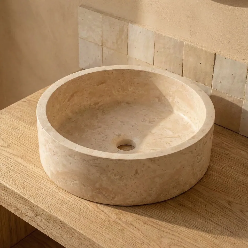 Vasque ronde japandi Seta en travertin beige, Ø40 cm, vue 2